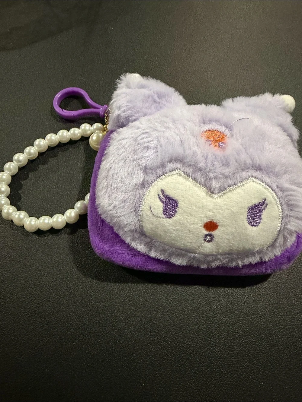 Sanrio Lavender Purple Plush Cat Coin Purse Keychain with Pearl Strap